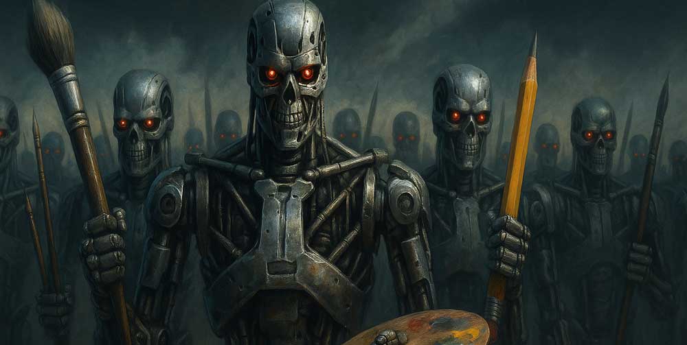 An army of sinister, skeletal Terminator-style robots with glowing red eyes, marching forward through a smoky battlefield—each one wielding oversized art supplies like paintbrushes, pencils, and a painter’s palette instead of weapons, symbolizing the rise of AI-assisted creativity.