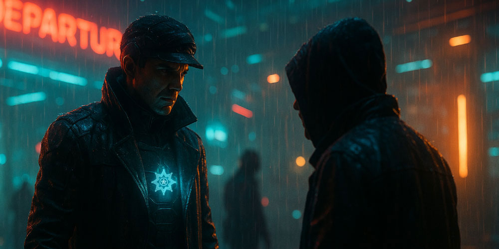 Traveller RPG law-enforcement agent interrogates a smuggler at a neon-lit starport in the rain.