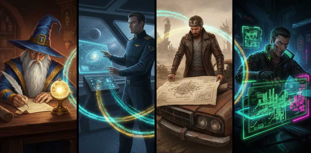 Characters from differnt genres, Dugeons and Dragons, Pathfinder, Call of Cthulhu, Traveller, and more.