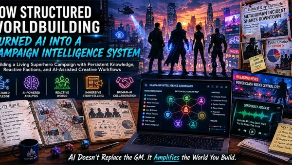 Banner image showing a futuristic superhero cityscape and AI-powered campaign management workspace featuring digital faction maps, campaign intelligence dashboards, City Bible documents, conspiracy media, and immersive tabletop RPG worldbuilding tools for a living superhero campaign.