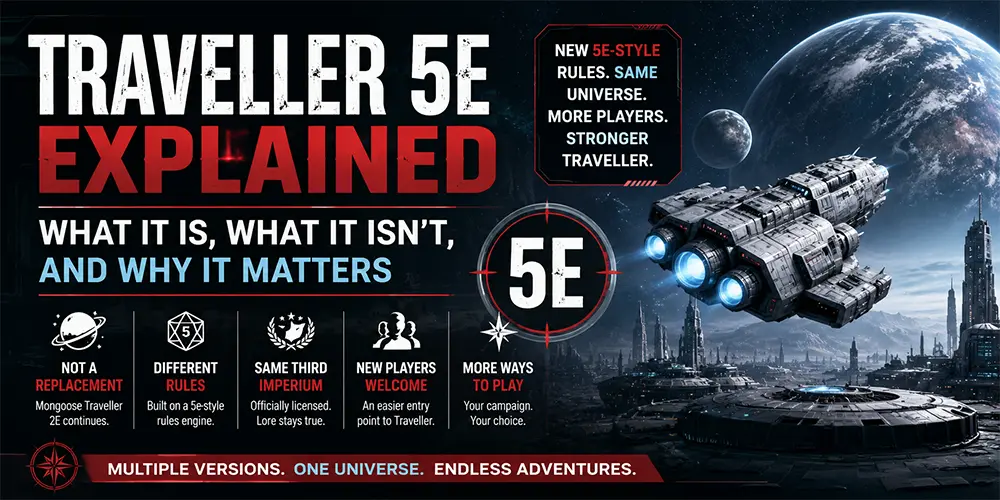 Traveller 5e Explained banner featuring a futuristic starship above a science-fiction cityscape with text explaining how Traveller 5e differs from Mongoose Traveller in the CivX setting.