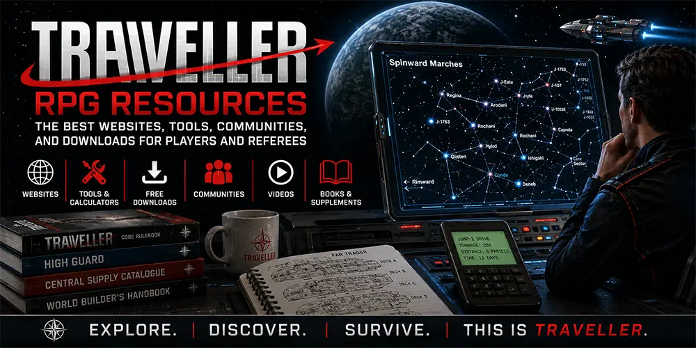 A Traveller referee seated at a futuristic command station, surrounded by holographic sector maps, starship deck plans, Traveller books, and digital campaign tools.