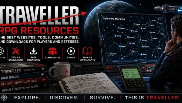 A Traveller referee seated at a futuristic command station, surrounded by holographic sector maps, starship deck plans, Traveller books, and digital campaign tools.