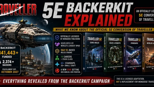 Traveller 5E BackerKit Explained banner showing a free trader starship, four Traveller 5E books, campaign funding details, and licensed 5E conversion highlights.