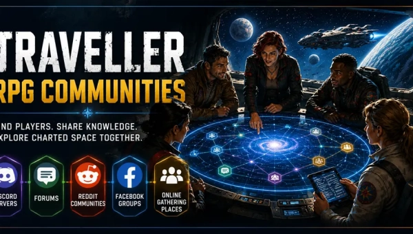 A Traveller crew gathered around a holographic star map, with glowing communication windows for Discord, Reddit, Facebook, forums, Traveller Map, and Traveller Wiki connected by jump routes.