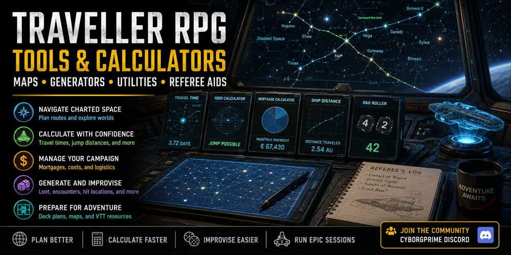 A Traveller referee working at a futuristic starship command console displaying sector maps, travel calculations, deck plans, trade routes, and campaign management tools.