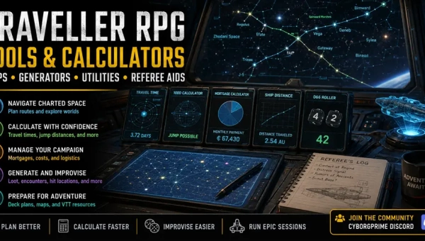 A Traveller referee working at a futuristic starship command console displaying sector maps, travel calculations, deck plans, trade routes, and campaign management tools.