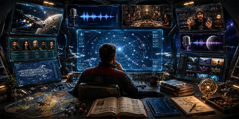 Traveller RPG referee watching videos and podcasts aboard a futuristic starship command deck.