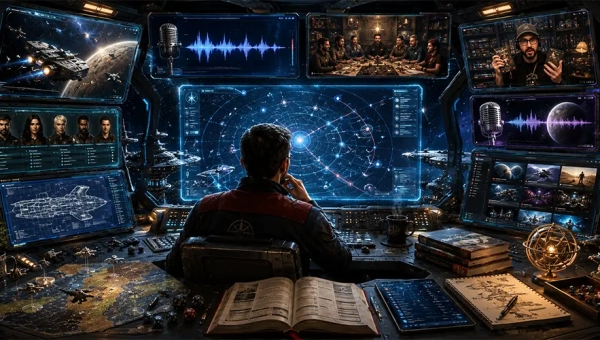 Traveller RPG referee watching videos and podcasts aboard a futuristic starship command deck.