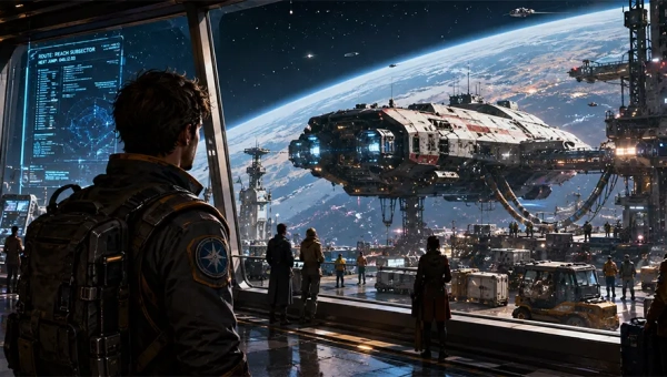 New Traveller character watching a free trader starship prepare for jump at a busy starport.