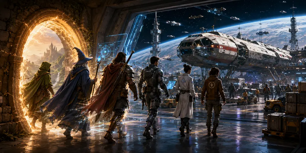 Fantasy adventurers stepping through a portal into a Traveller-style starport beside a free trader starship.