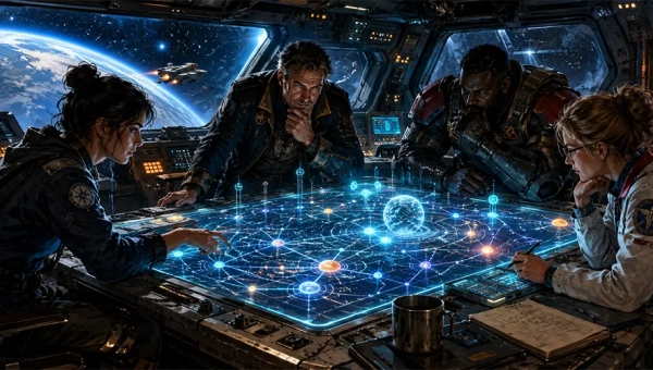 Traveller crew studying a holographic star map aboard a starship bridge.
