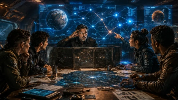 Traveller referee running a science-fiction sandbox campaign at a tabletop RPG session.