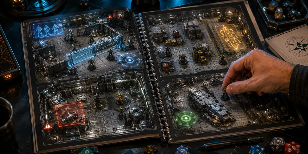 Traveller 5E Critical Locations tactical deck plan maps with miniatures on a sci-fi gaming table.