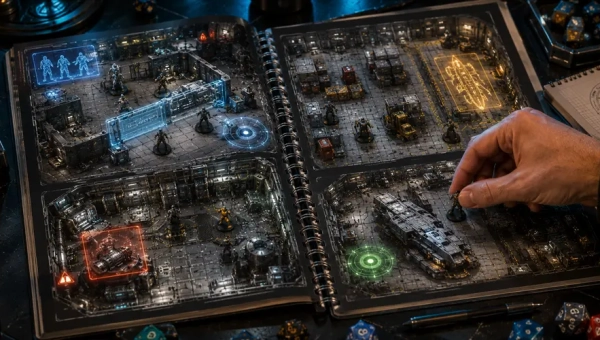 Traveller 5E Critical Locations tactical deck plan maps with miniatures on a sci-fi gaming table.