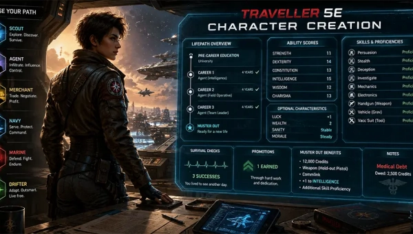 Traveller 5E character creation lifepath with careers, skills, and mustering-out benefits.