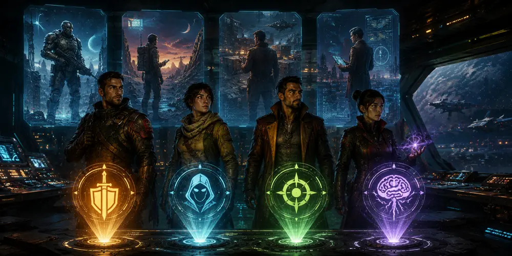 Traveller 5E adventurers transitioning from careers into classes aboard a starship bridge.