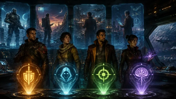 Traveller 5E adventurers transitioning from careers into classes aboard a starship bridge.