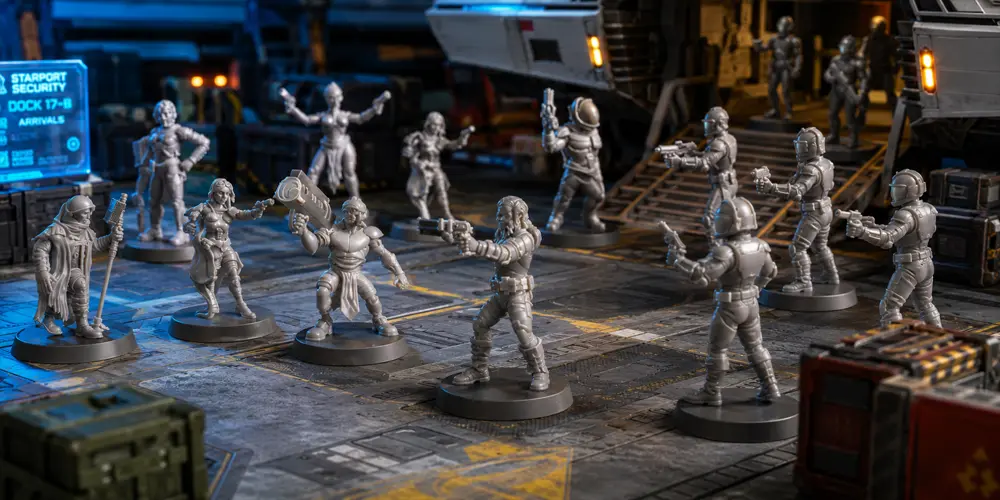 Traveller 5E miniatures on a starport map with adventurers, marines, and Starport Security.