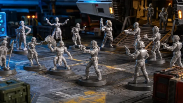 Traveller 5E miniatures on a starport map with adventurers, marines, and Starport Security.