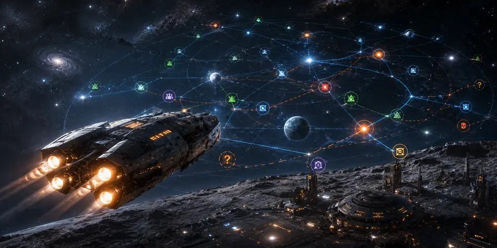 Traveller sandbox campaign map with a starship, jump routes, frontier worlds, and glowing navigation markers.