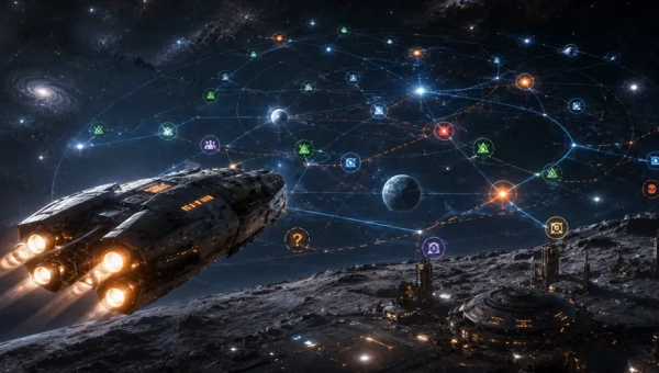 Traveller sandbox campaign map with a starship, jump routes, frontier worlds, and glowing navigation markers.
