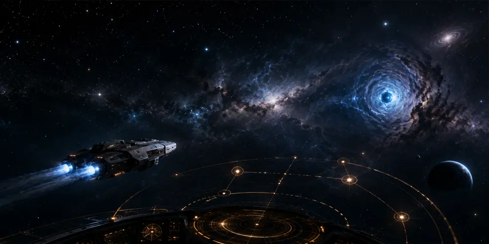Traveller 5E starship crossing deep space toward a mysterious CivX anomaly.