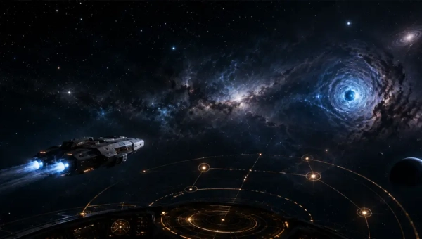 Traveller 5E starship crossing deep space toward a mysterious CivX anomaly.