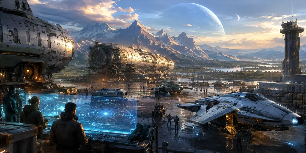 Frontier starport in the Traveller 5E CivX setting with jump ships and colony vessels preparing for exploration.