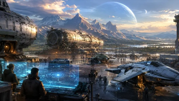 Frontier starport in the Traveller 5E CivX setting with jump ships and colony vessels preparing for exploration.