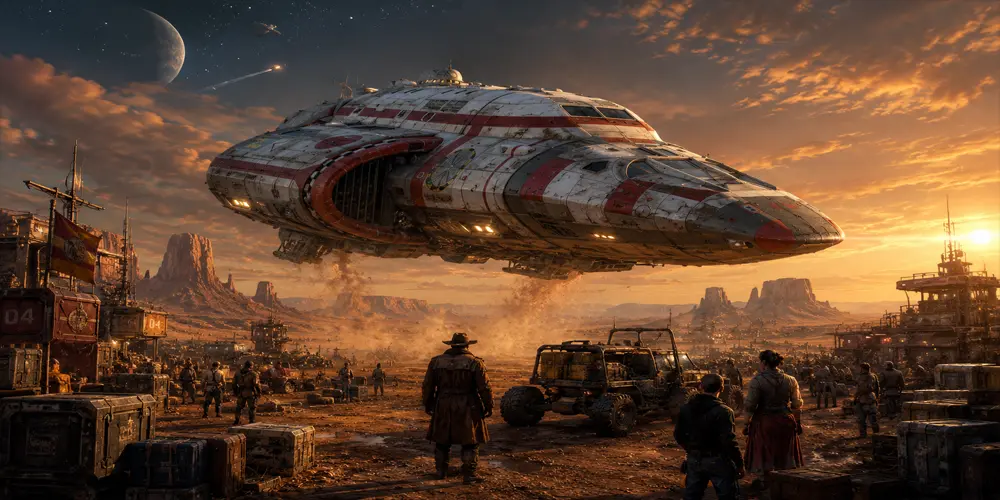A battered free trader starship lands on a dusty frontier world while crew members unload cargo beneath a glowing sunset.