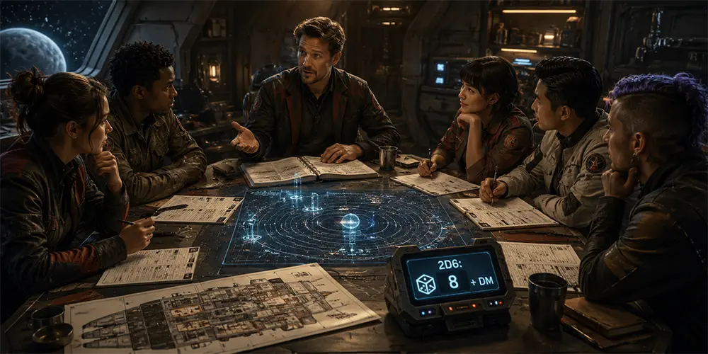 A Traveller RPG referee leads players through a Session Zero discussion with character sheets, dice, a starship map, and a holographic subsector display on the table.