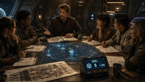A Traveller RPG referee leads players through a Session Zero discussion with character sheets, dice, a starship map, and a holographic subsector display on the table.