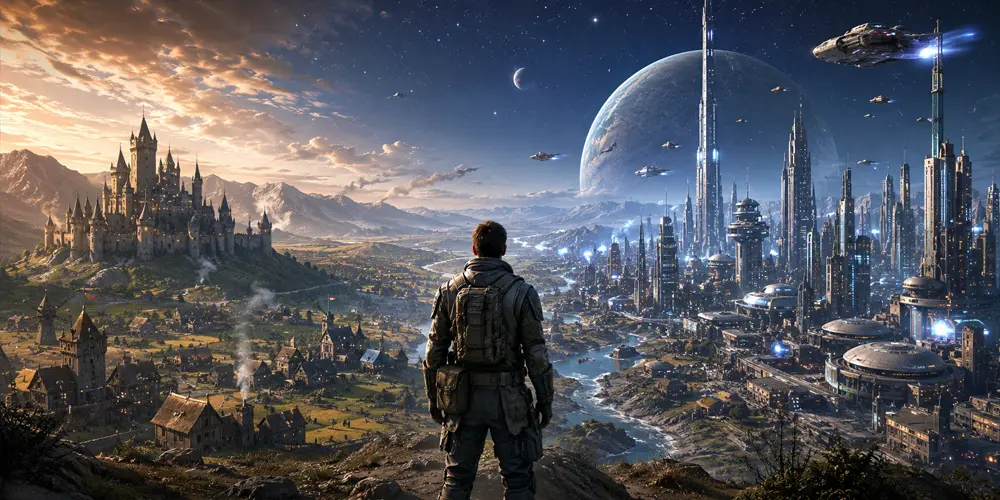 Traveller Scout overlooking worlds of different technology levels.