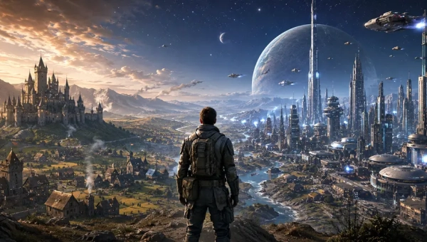 Traveller Scout overlooking worlds of different technology levels.