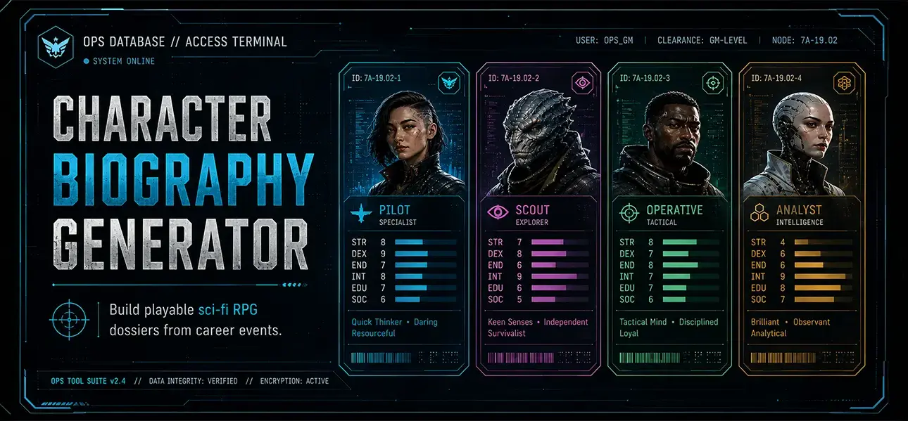 AI OPS Character Background Generator concept showing futuristic character dossiers and science fiction personnel profiles.