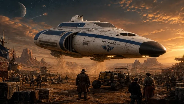 A battered free trader starship lands on a dusty frontier world while crew members unload cargo beneath a glowing sunset.
