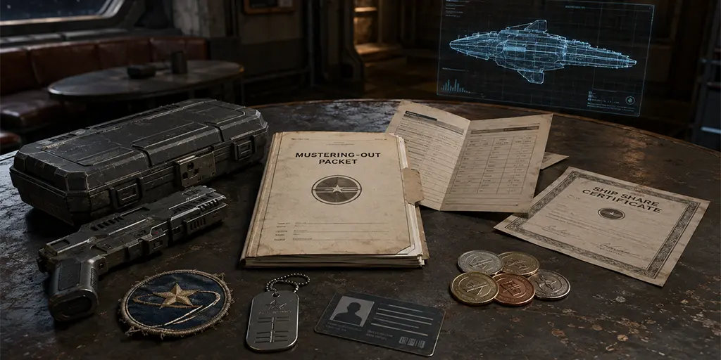 Traveller-style mustering-out packet on a worn starship table with credit chips, service record, ship share certificate, contact card, armor tag, career patch, sidearm case, and holographic ship schematic.