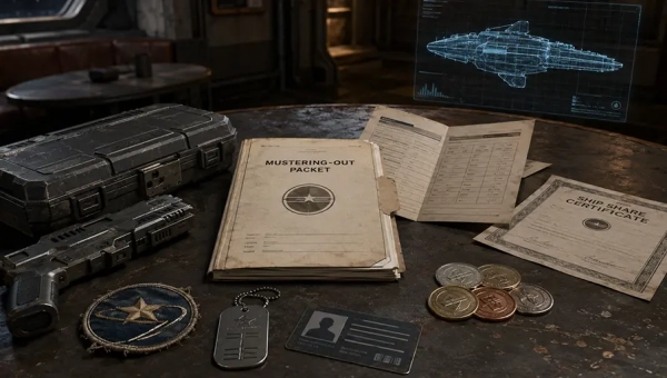 Traveller-style mustering-out packet on a worn starship table with credit chips, service record, ship share certificate, contact card, armor tag, career patch, sidearm case, and holographic ship schematic.