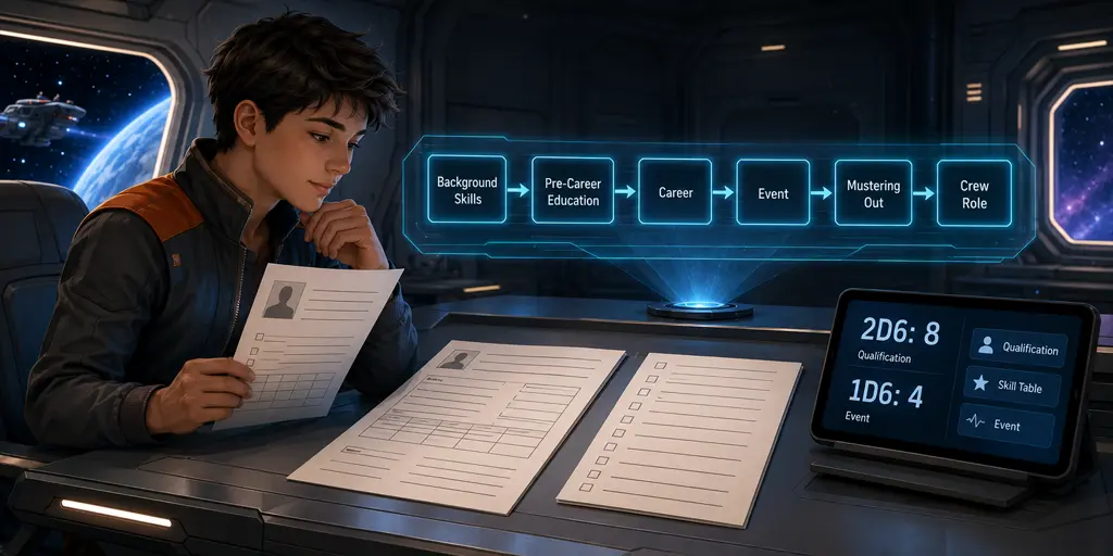 Beginner tabletop RPG player reviews a character sheet and checklist at a futuristic desk, with a holographic Traveller-style character creation flow and digital dice results on a tablet.