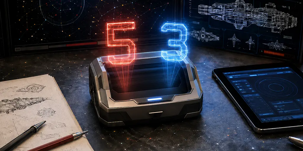 High-tech d66 dice roller gadget projecting holographic 5 and 3 results on a sci-fi RPG referee desk.