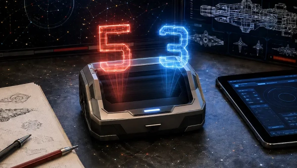 High-tech d66 dice roller gadget projecting holographic 5 and 3 results on a sci-fi RPG referee desk.