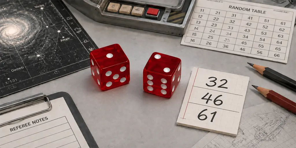 Two regular six-sided dice on a sci-fi RPG table used to demonstrate how to roll d66.