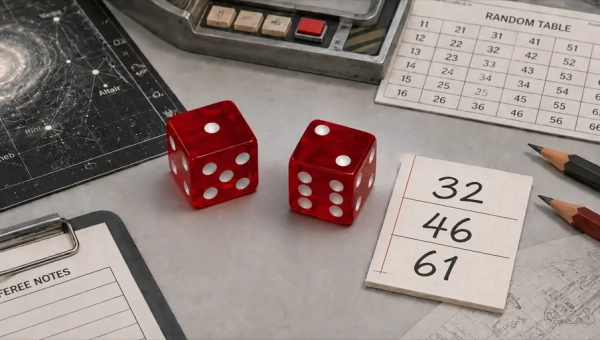 Two regular six-sided dice on a sci-fi RPG table used to demonstrate how to roll d66.