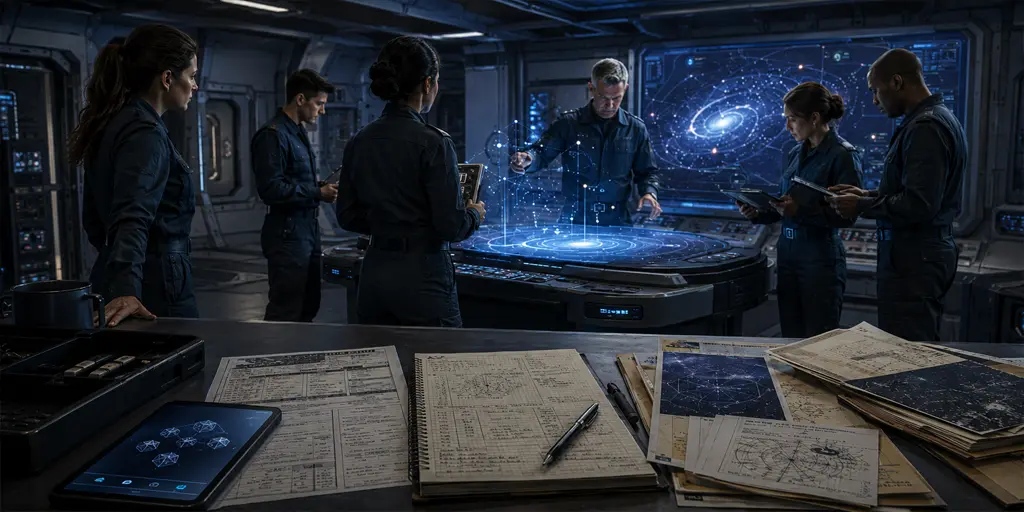 Interstellar naval personnel gathered in a starship briefing room for a sci-fi RPG campaign.