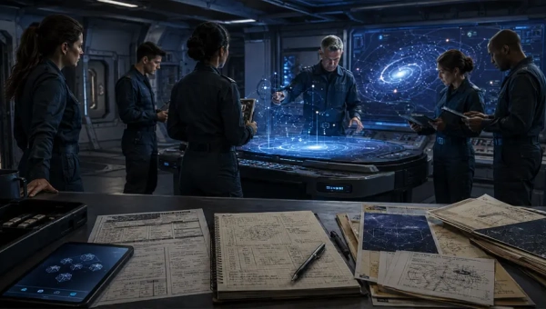 Interstellar naval personnel gathered in a starship briefing room for a sci-fi RPG campaign.