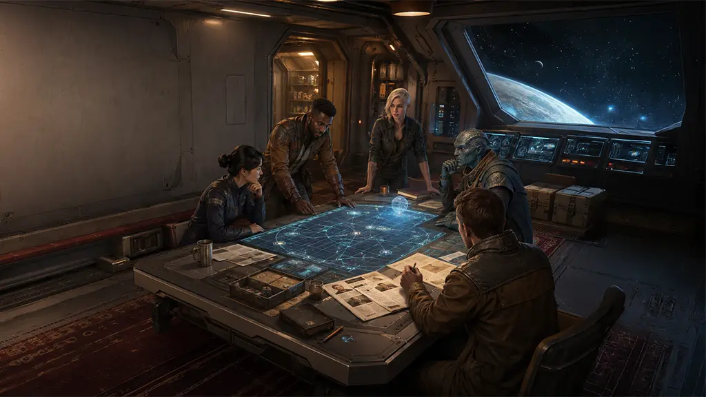 A starship crew reviews a sector map, character records, and mission notes around a futuristic briefing table.