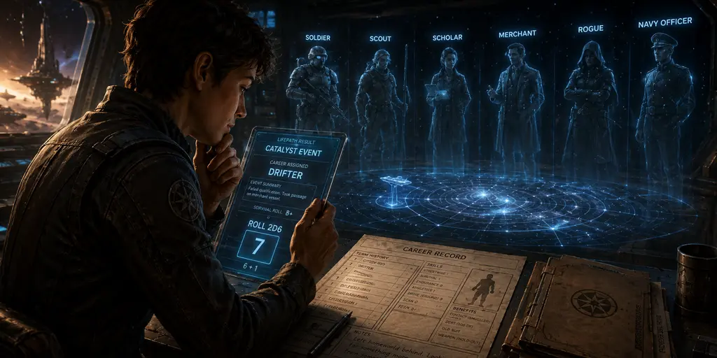 A sci-fi RPG character studies an unexpected career result on a glowing tablet beside a character sheet, star map, and holographic career paths