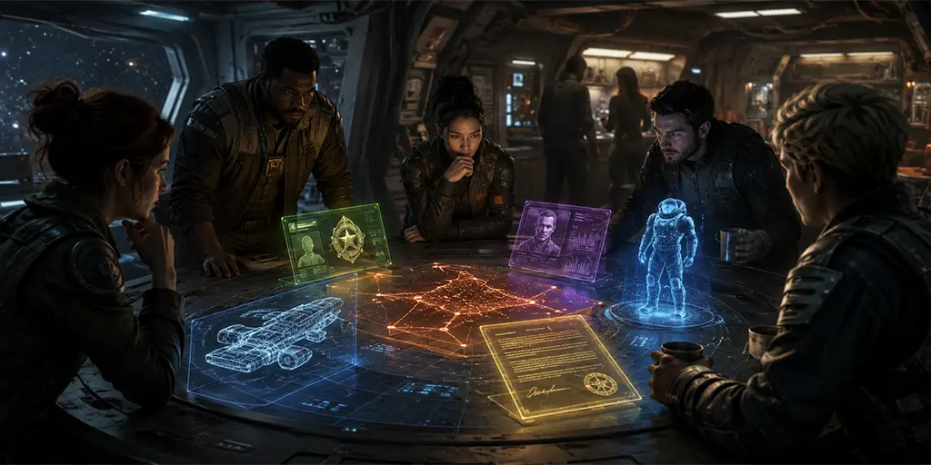 Traveller-style starship crew reviewing ship upgrades, contacts, legal papers, and mission rewards on a holographic table.