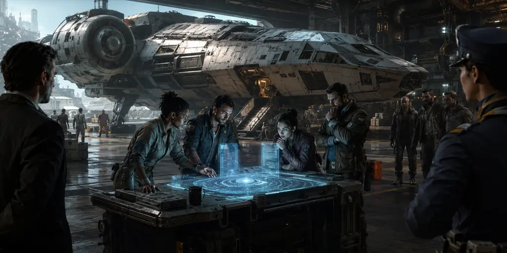 Traveller-style starship crew reviewing a holographic route map and debt contract at a starport while three rival factions create campaign pressure around them.